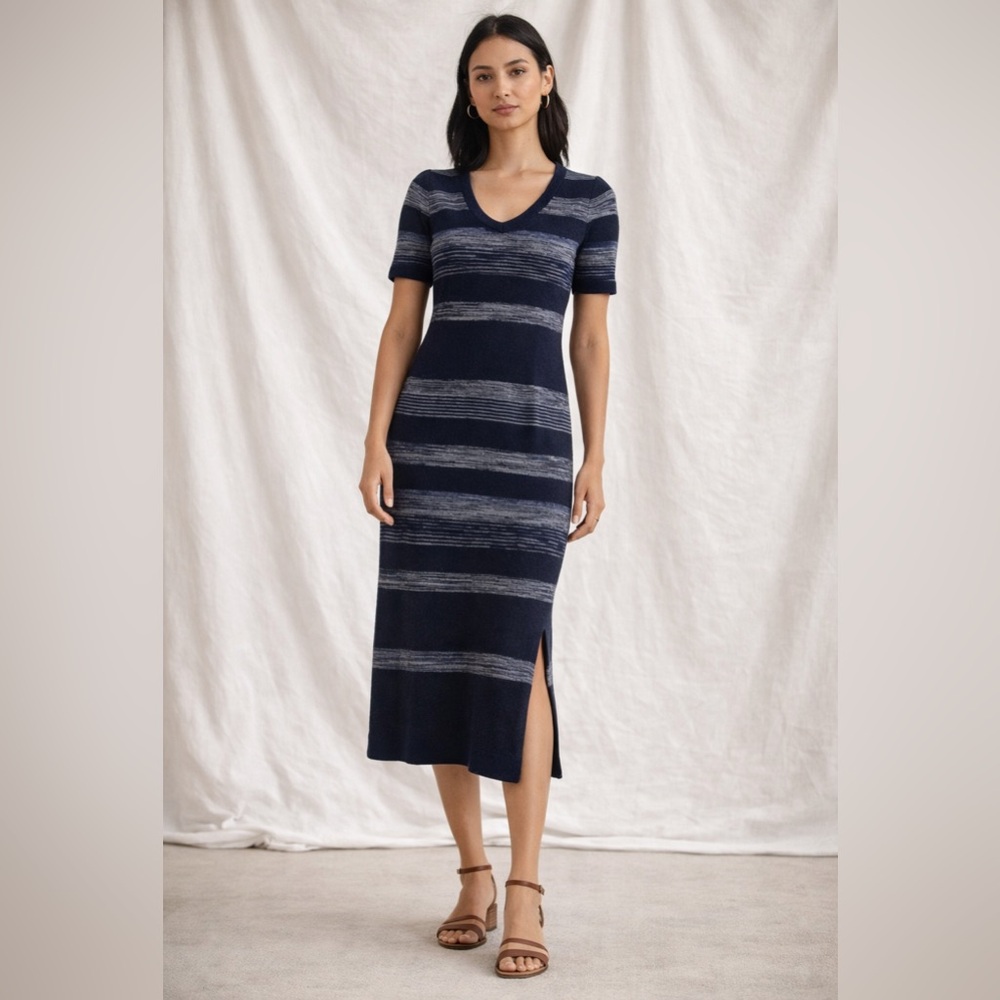 Navy and Gray Striped Midi Dress Merino  Short Sleeve Wool with Slits Office